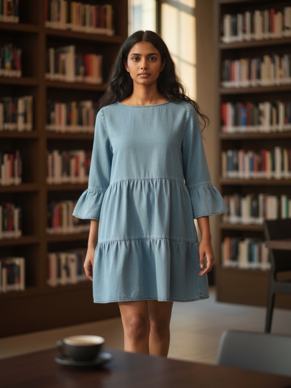 ⭐️ Zara Chambray Soft Denim Tiered Dress featuring bell sleeves - size L